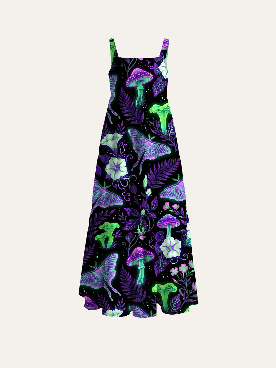 Neon Dark Cottagecore Moth & Mushroom Adjustable Wide Straps Maxi Dress