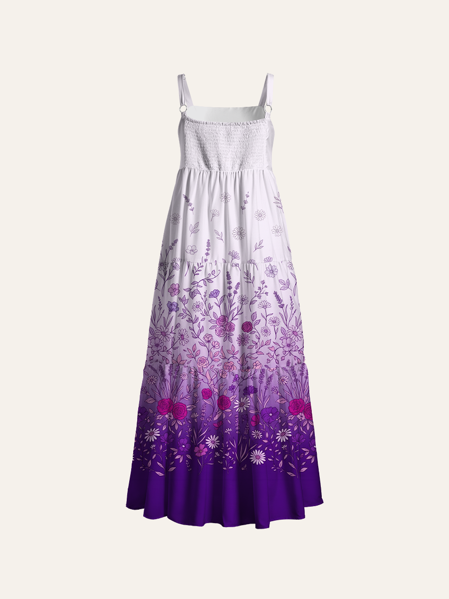 Gradient Purple Line Art Wildflower Border Adjustable Wide Straps Maxi Dress