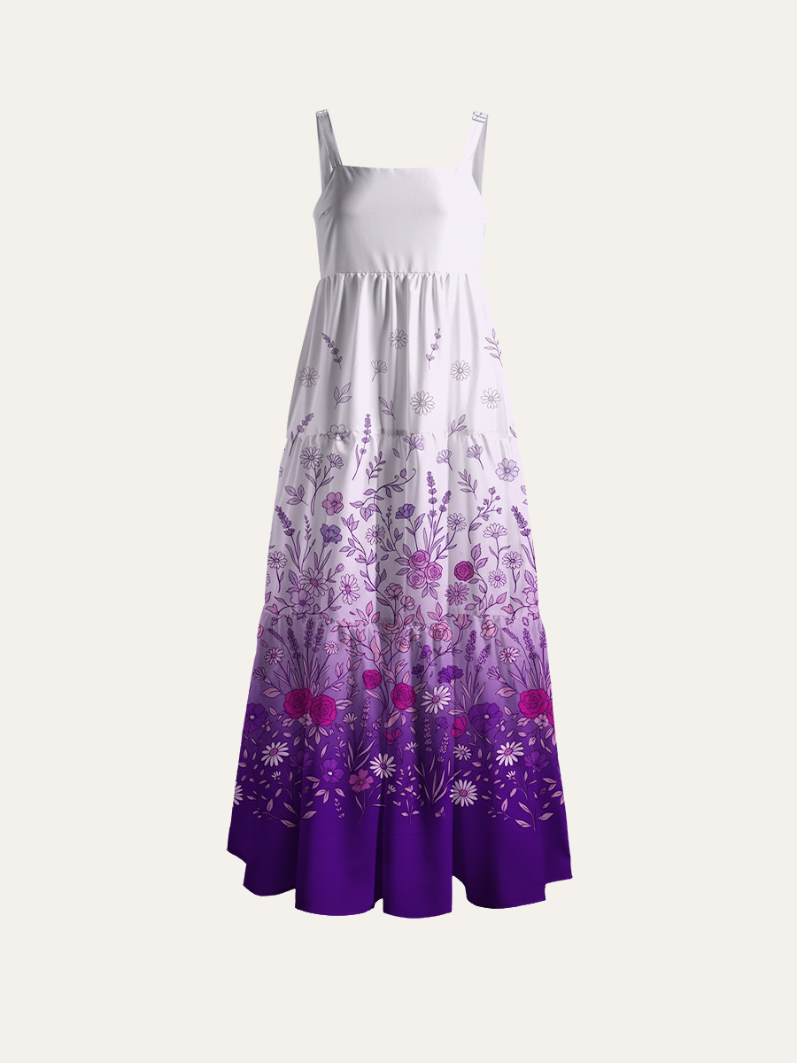 Gradient Purple Line Art Wildflower Border Adjustable Wide Straps Maxi Dress