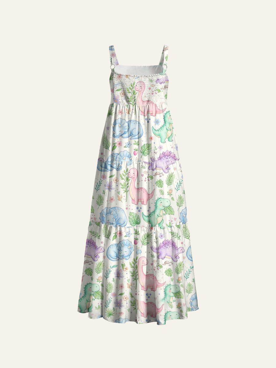 Cute Watercolor Dino Floral Adjustable Wide Straps Maxi Dress