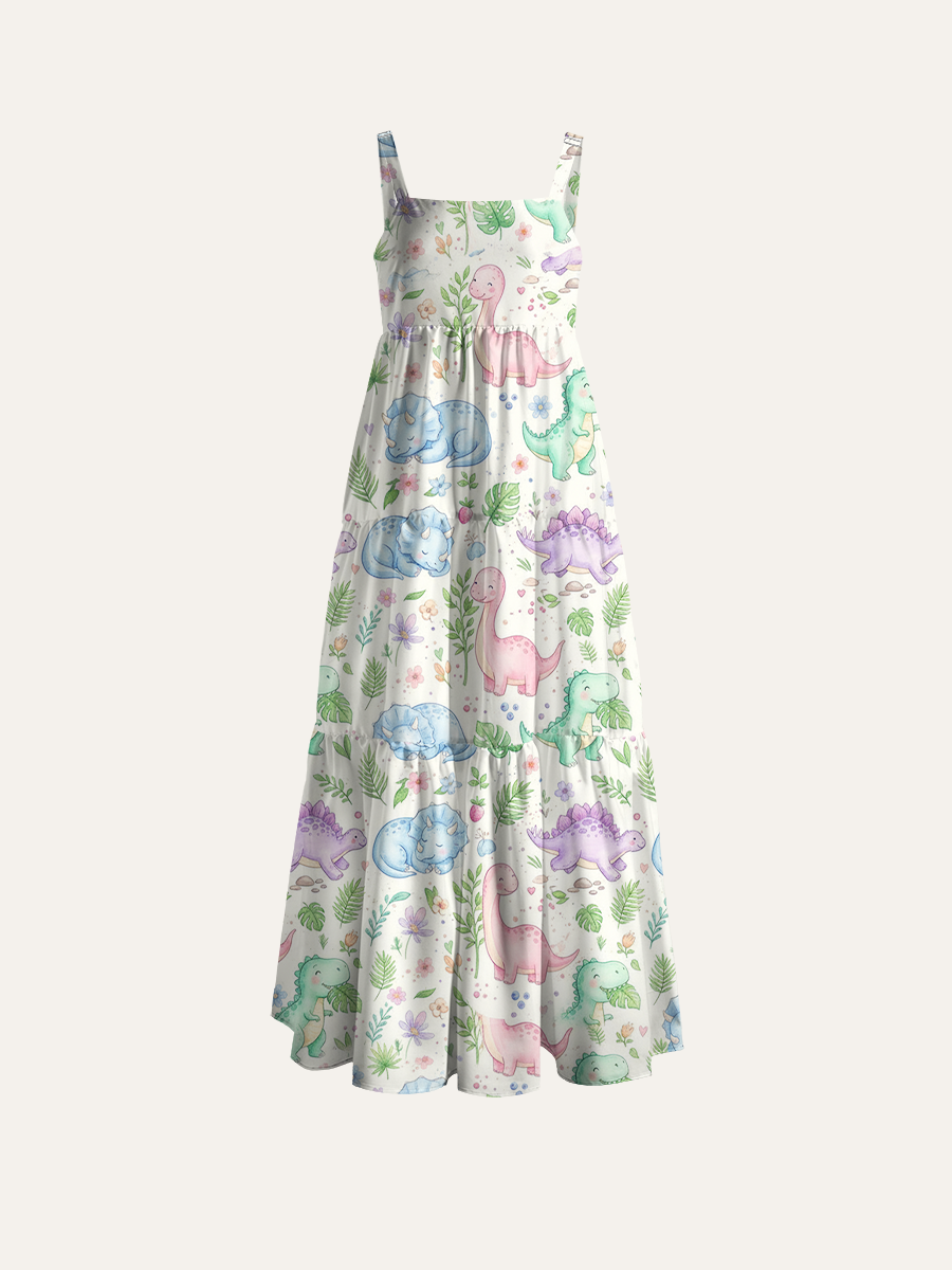 Cute Watercolor Dino Floral Adjustable Wide Straps Maxi Dress