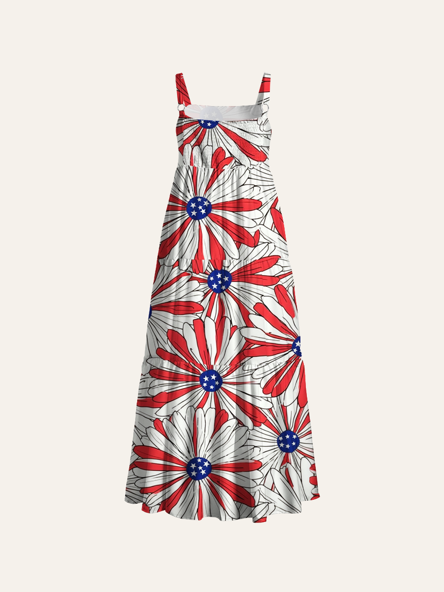 American Flag Daisy Patriotic Adjustable Wide Straps Maxi Dress