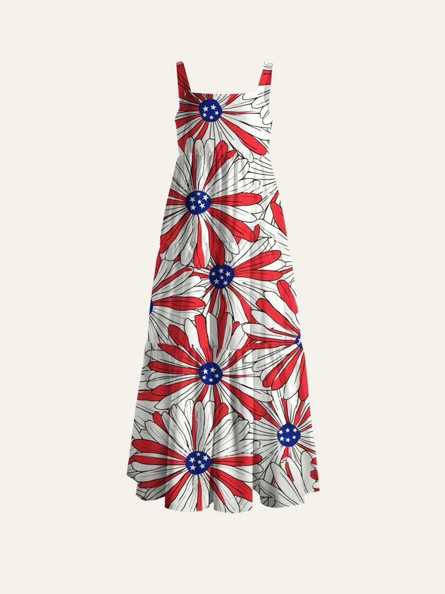 American Flag Daisy Patriotic Adjustable Wide Straps Maxi Dress