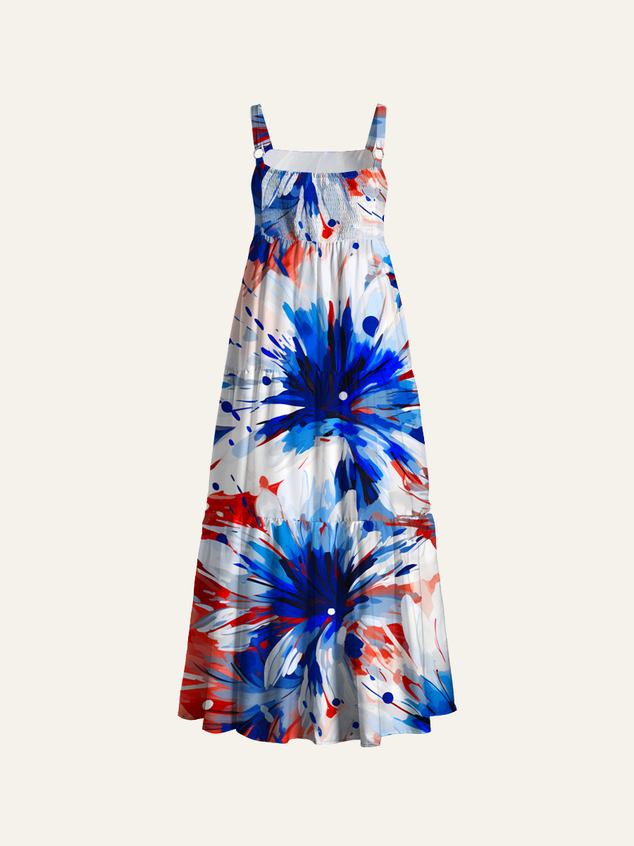 American Flag Daisy Patriotic Adjustable Wide Straps Maxi Dress
