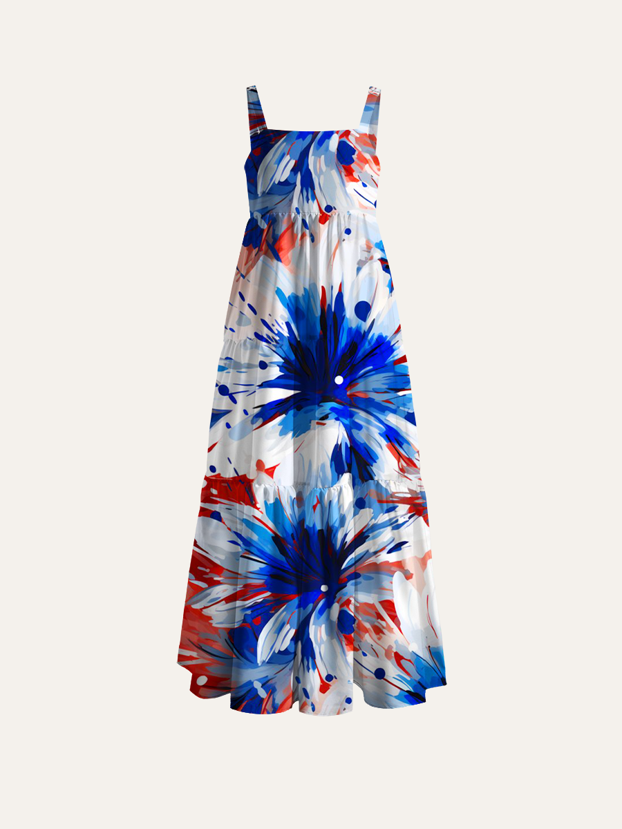 American Flag Daisy Patriotic Adjustable Wide Straps Maxi Dress