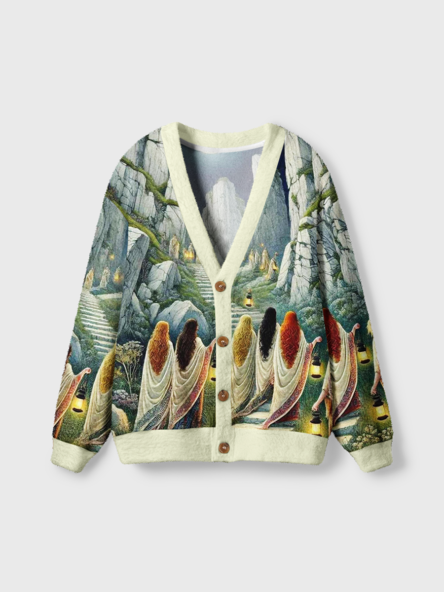 Vintage Moonlit Pilgrimage On Stone Stairs Cardigan Sweaters