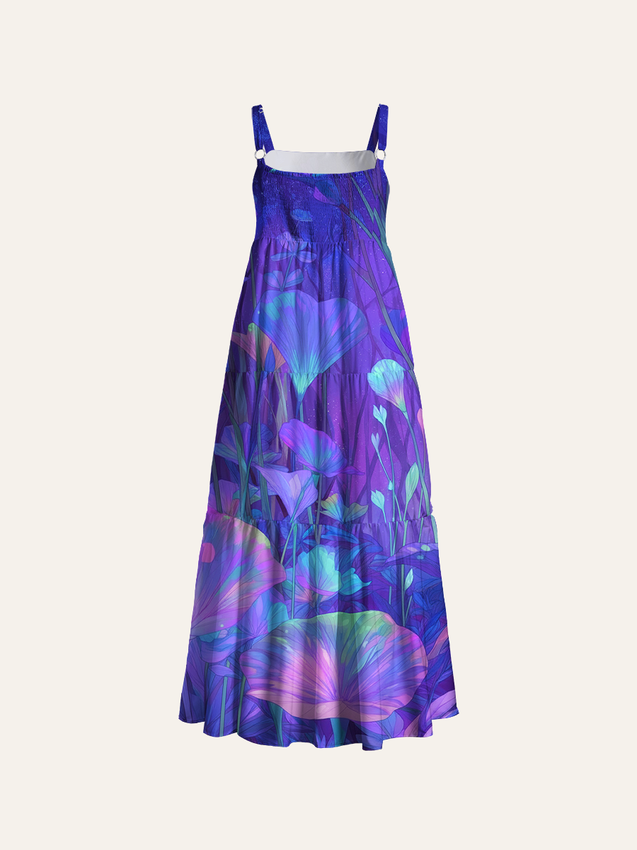 Cyber Neon Purple Calla Lily Adjustable Wide Straps Maxi Dress