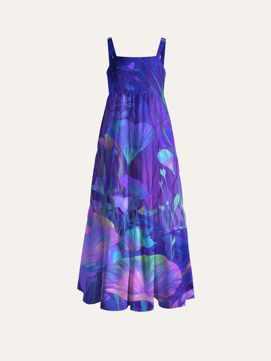Cyber Neon Purple Calla Lily Adjustable Wide Straps Maxi Dress
