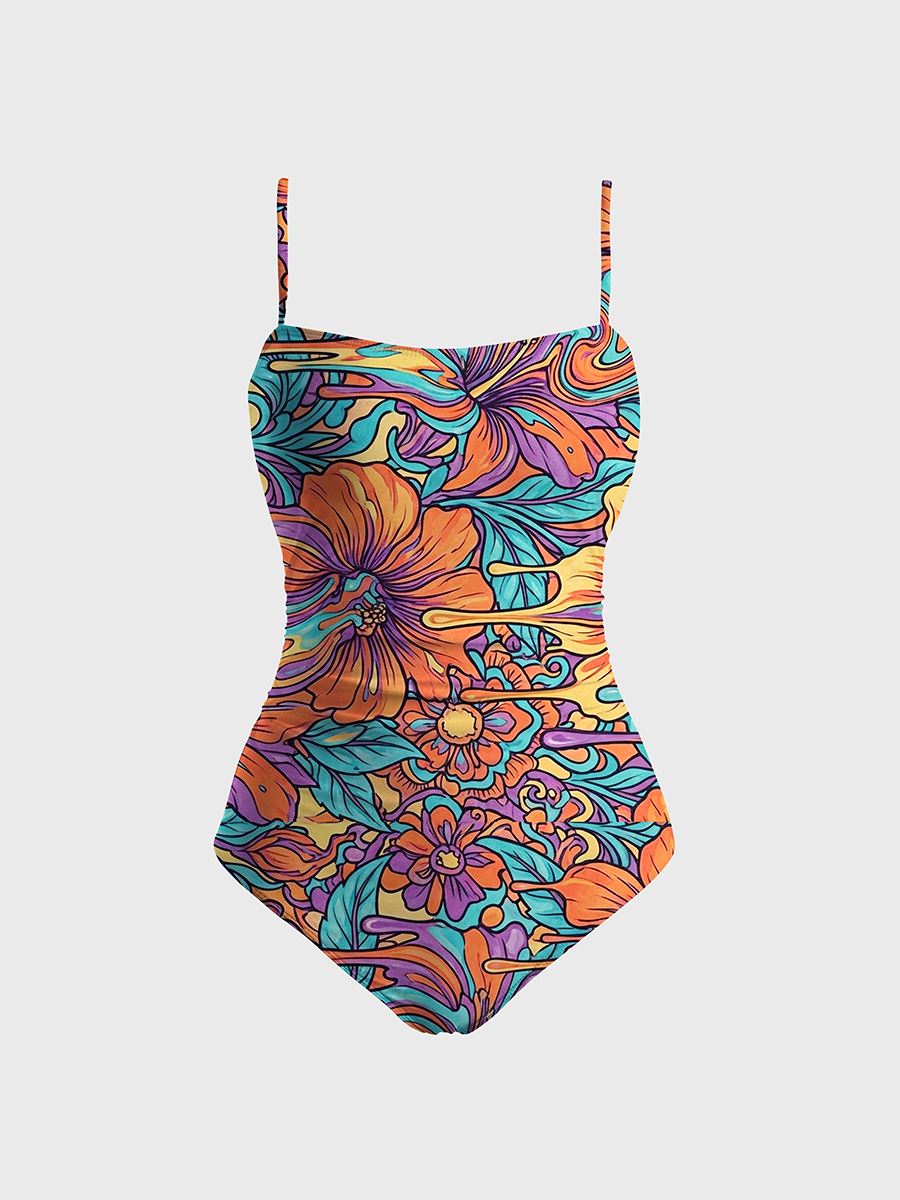 Vintage Melting Surreal Flowers One Piece Slim-Strap Swimsuit