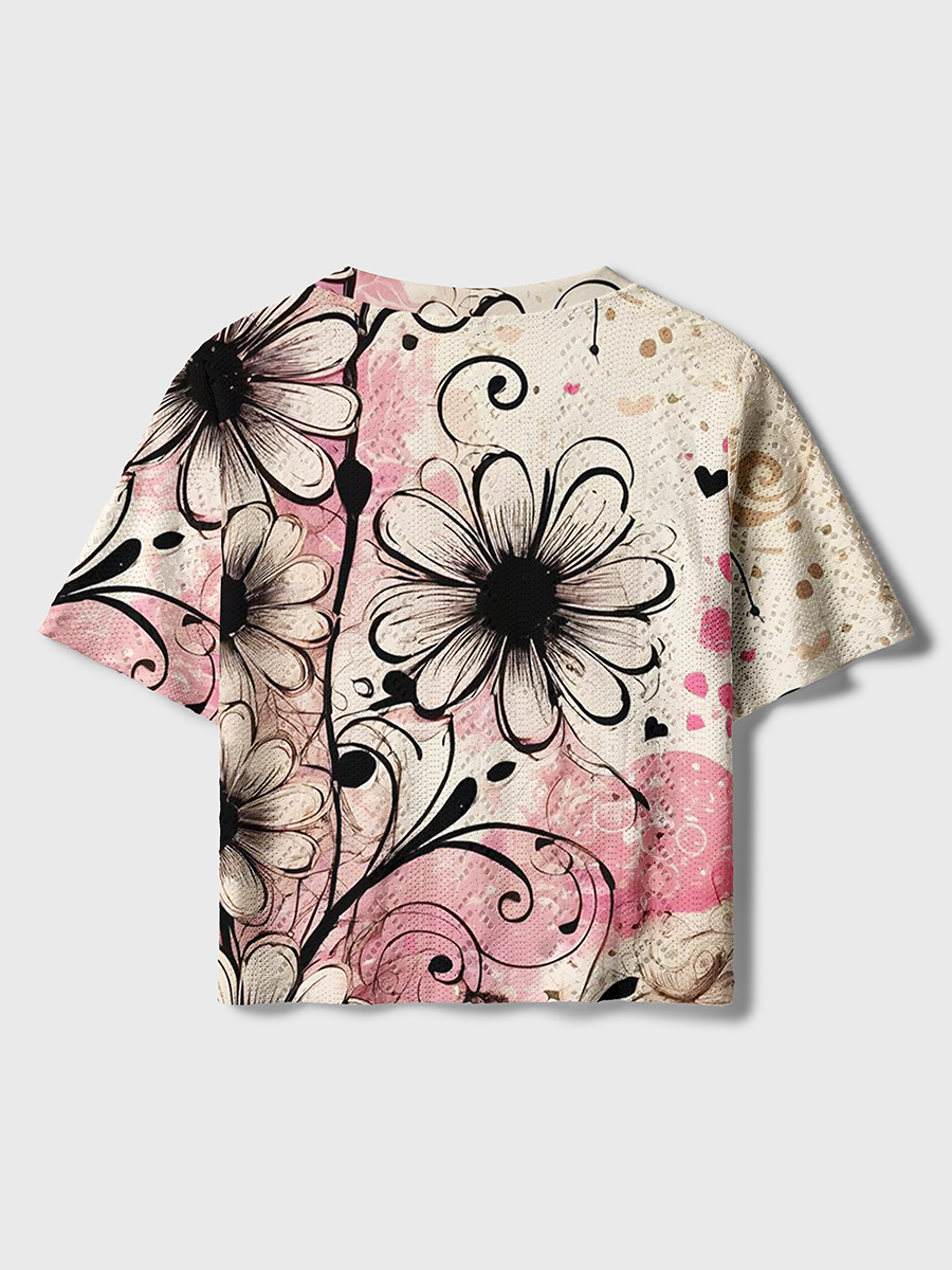 Beige Base Black Outline Daisy & Heart Vintage Collage Crochet Button Down Cardigan