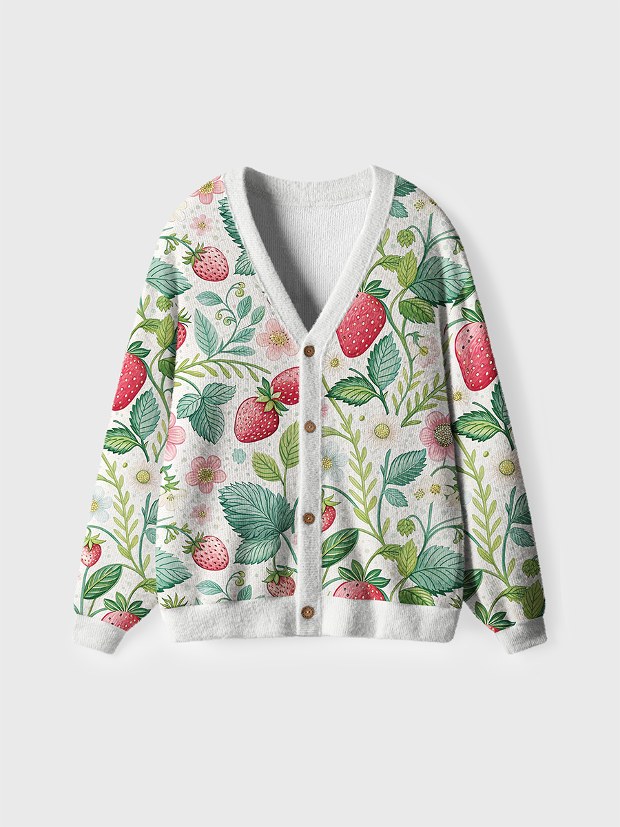 Vintage Fresh Strawberry Floral Pop Cardigan Sweaters