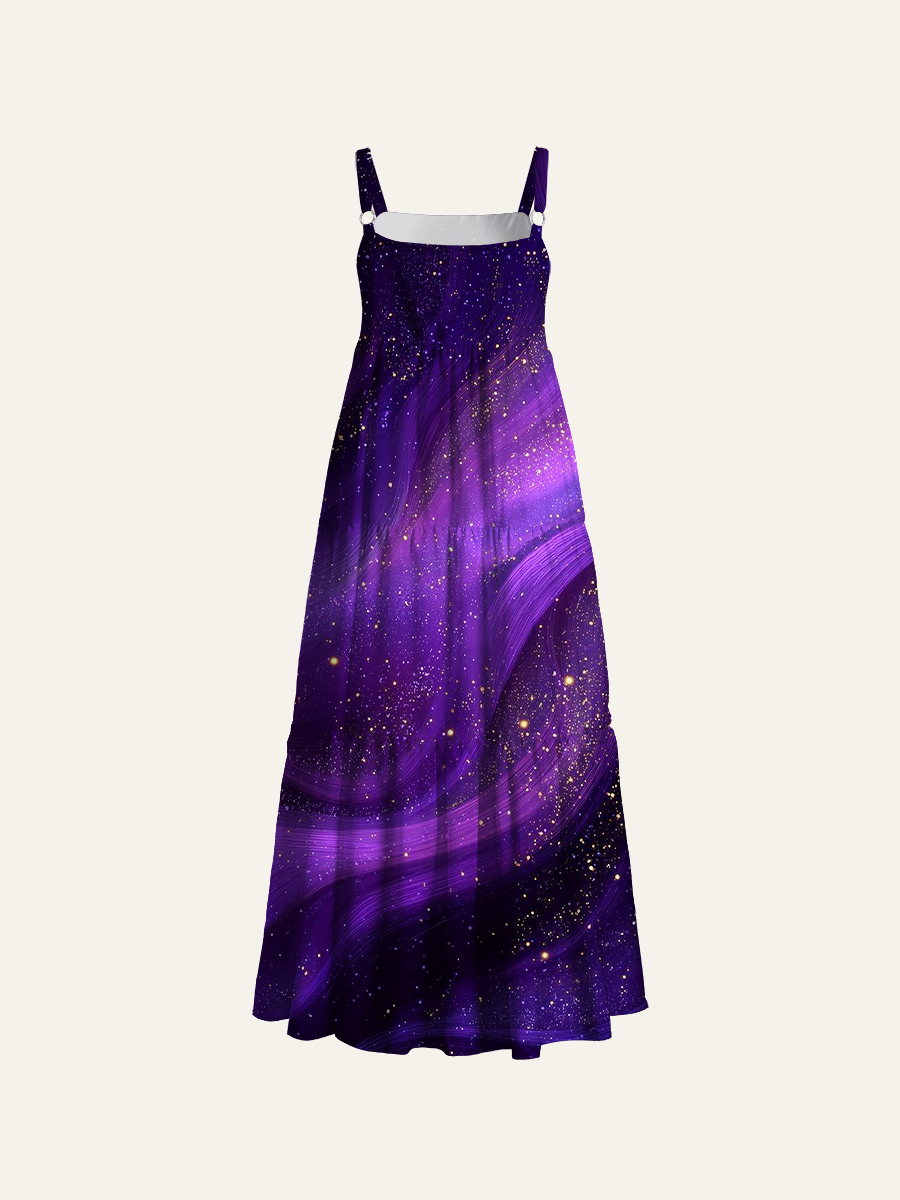 Purple Silk Swirl Galaxy Glitter Adjustable Wide Straps Maxi Dress