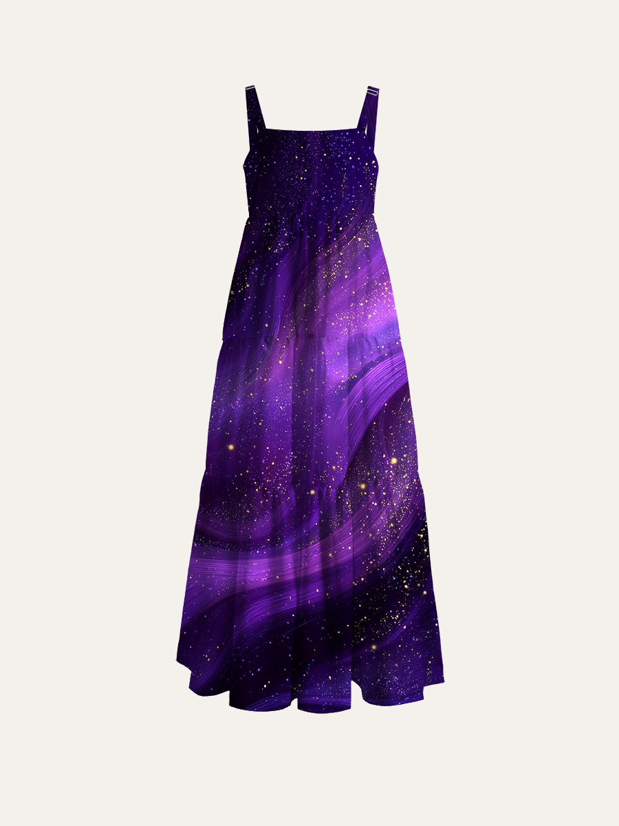 Purple Silk Swirl Galaxy Glitter Adjustable Wide Straps Maxi Dress