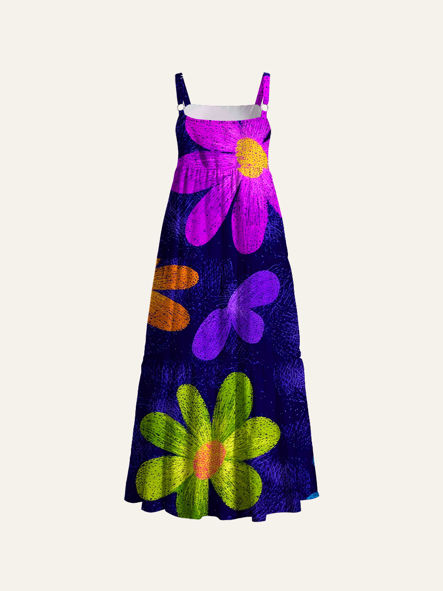 Crayon Sketch Neon Daisy Adjustable Wide Straps Maxi Dress