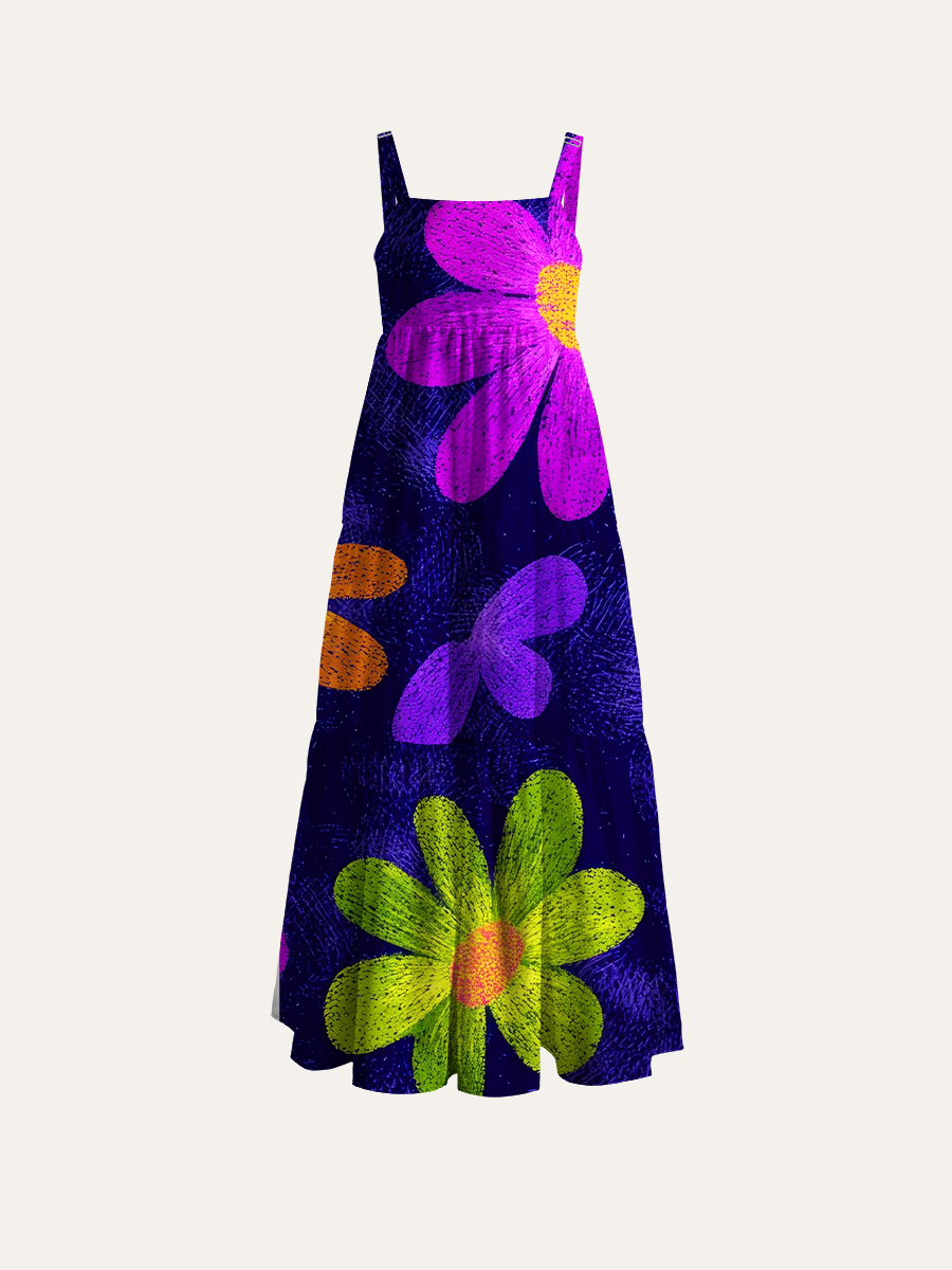Crayon Sketch Neon Daisy Adjustable Wide Straps Maxi Dress