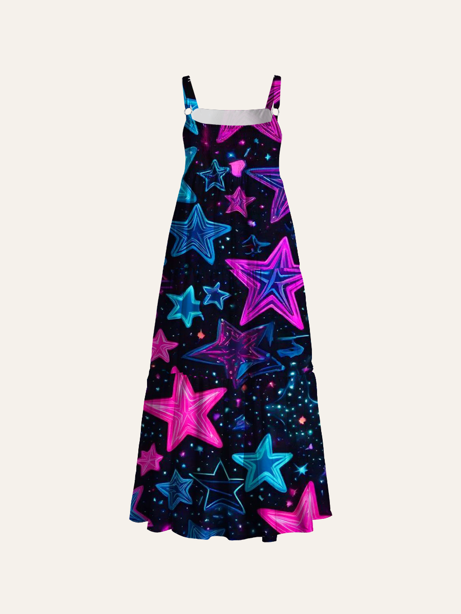 Neon Cyberpunk Glow Star Adjustable Wide Straps Maxi Dress