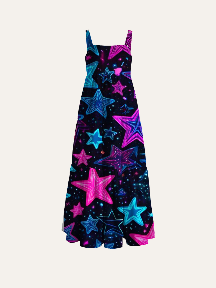 Neon Cyberpunk Glow Star Adjustable Wide Straps Maxi Dress
