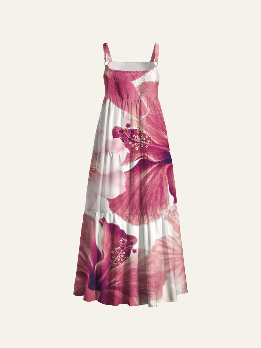 Dusty Pink Watercolor Hibiscus & Lily Adjustable Wide Straps Maxi Dress