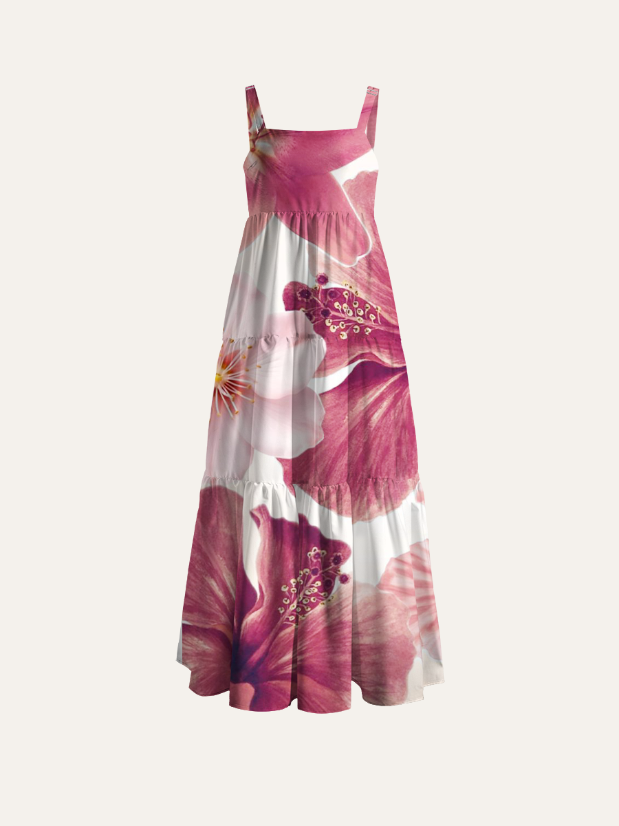 Dusty Pink Watercolor Hibiscus & Lily Adjustable Wide Straps Maxi Dress