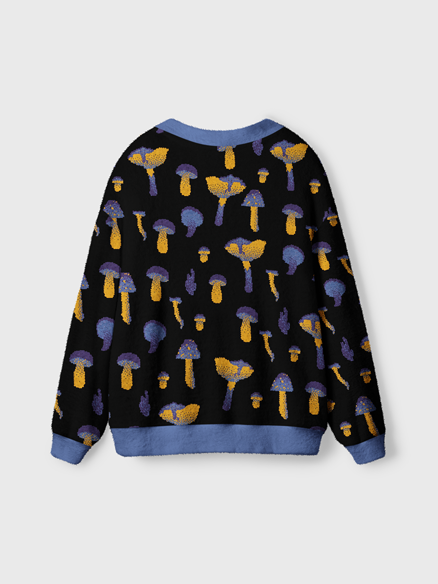 Vintage Psychedelic Purple‑Yellow Pixel Mushroom Cardigan Sweaters
