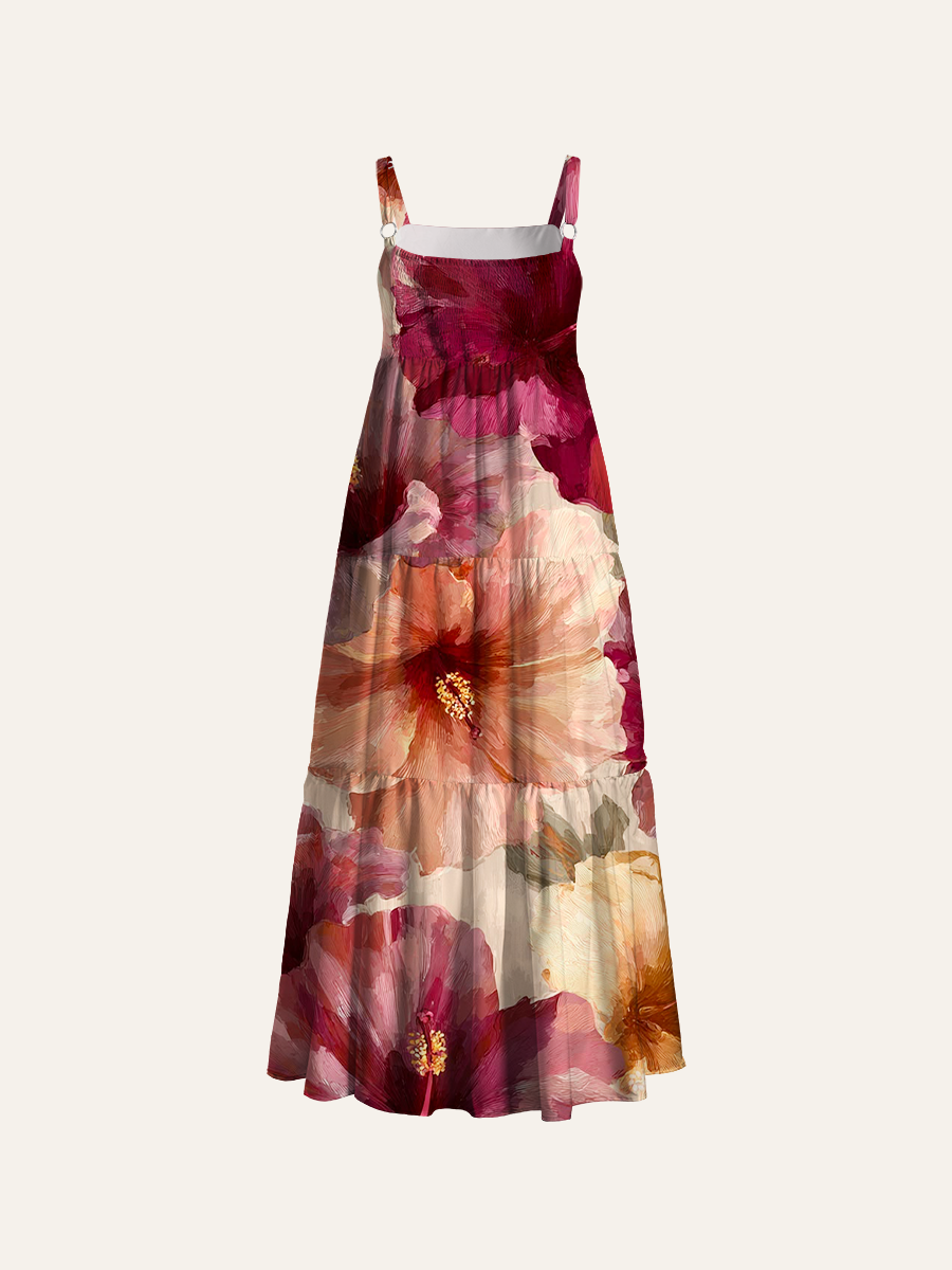 Vintage Oil Painting Hibiscus Floral Adjustable Wide Straps Maxi Dress
