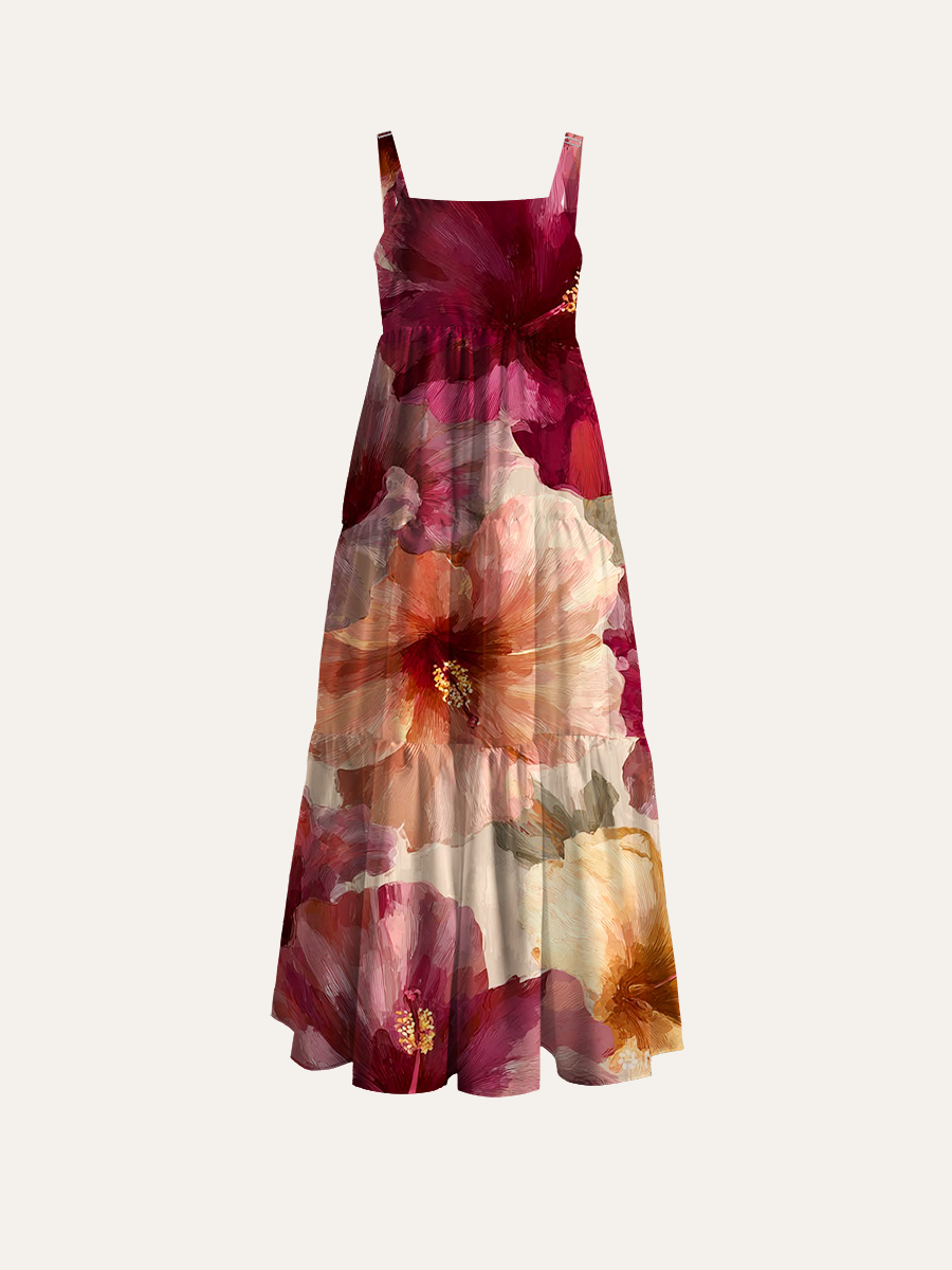 Vintage Oil Painting Hibiscus Floral Adjustable Wide Straps Maxi Dress