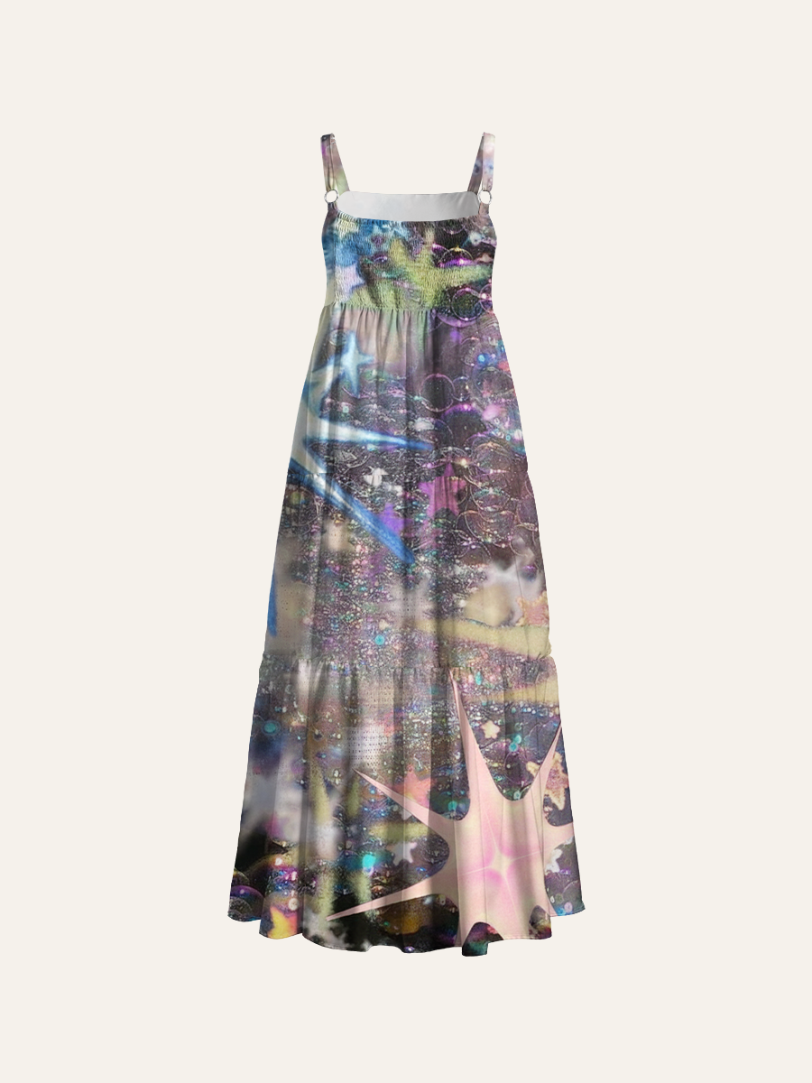 Iridescent Glitter Y2K Star Adjustable Wide Straps Maxi Dress