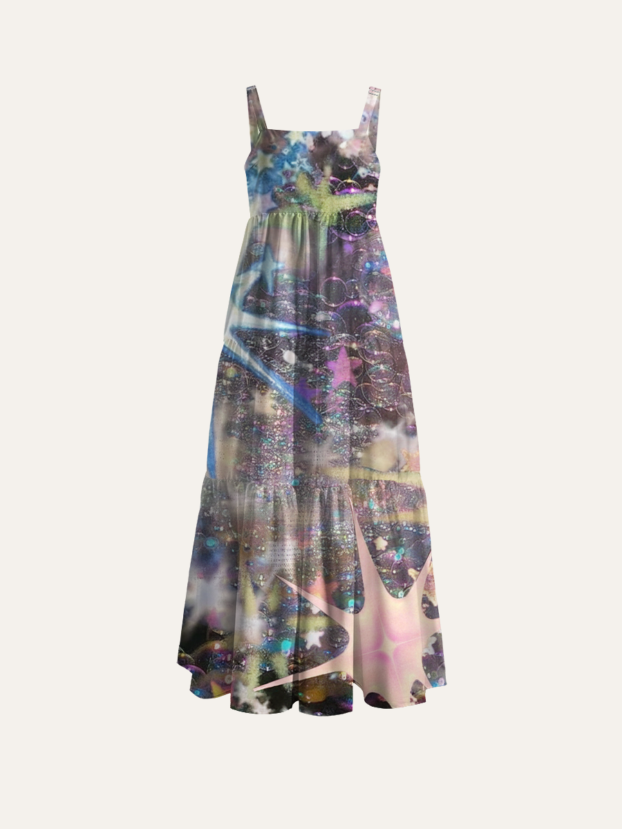 Iridescent Glitter Y2K Star Adjustable Wide Straps Maxi Dress