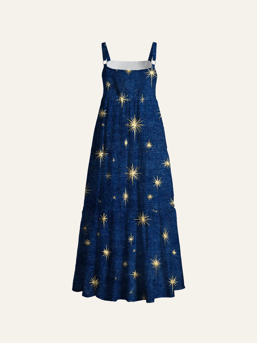 Vintage Gold Starburst Navy Linen Adjustable Wide Straps Maxi Dress