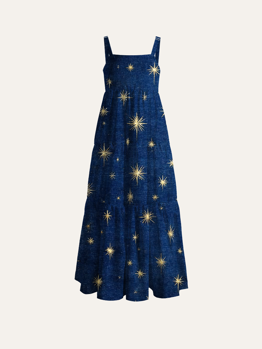 Vintage Gold Starburst Navy Linen Adjustable Wide Straps Maxi Dress