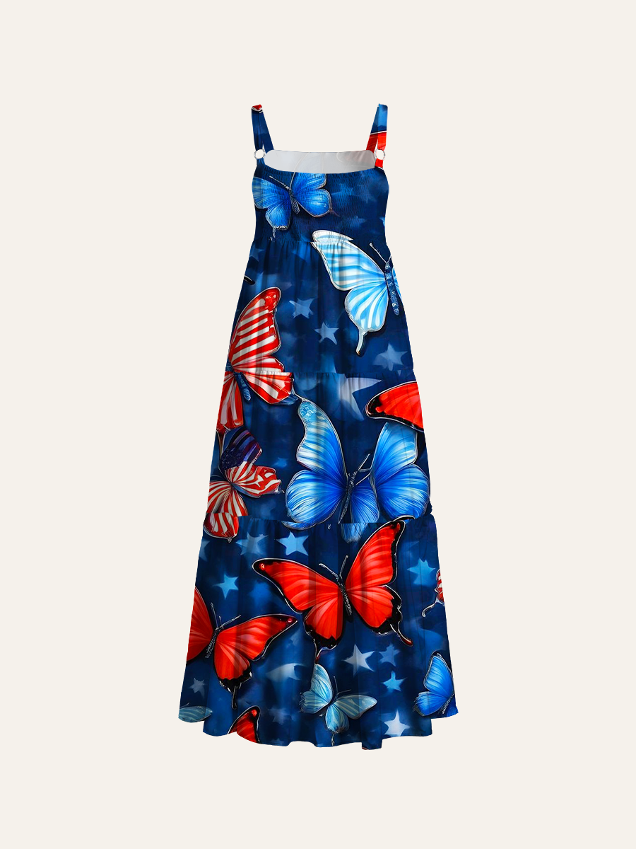American Flag Patriotic Butterfly Adjustable Wide Straps Maxi Dress