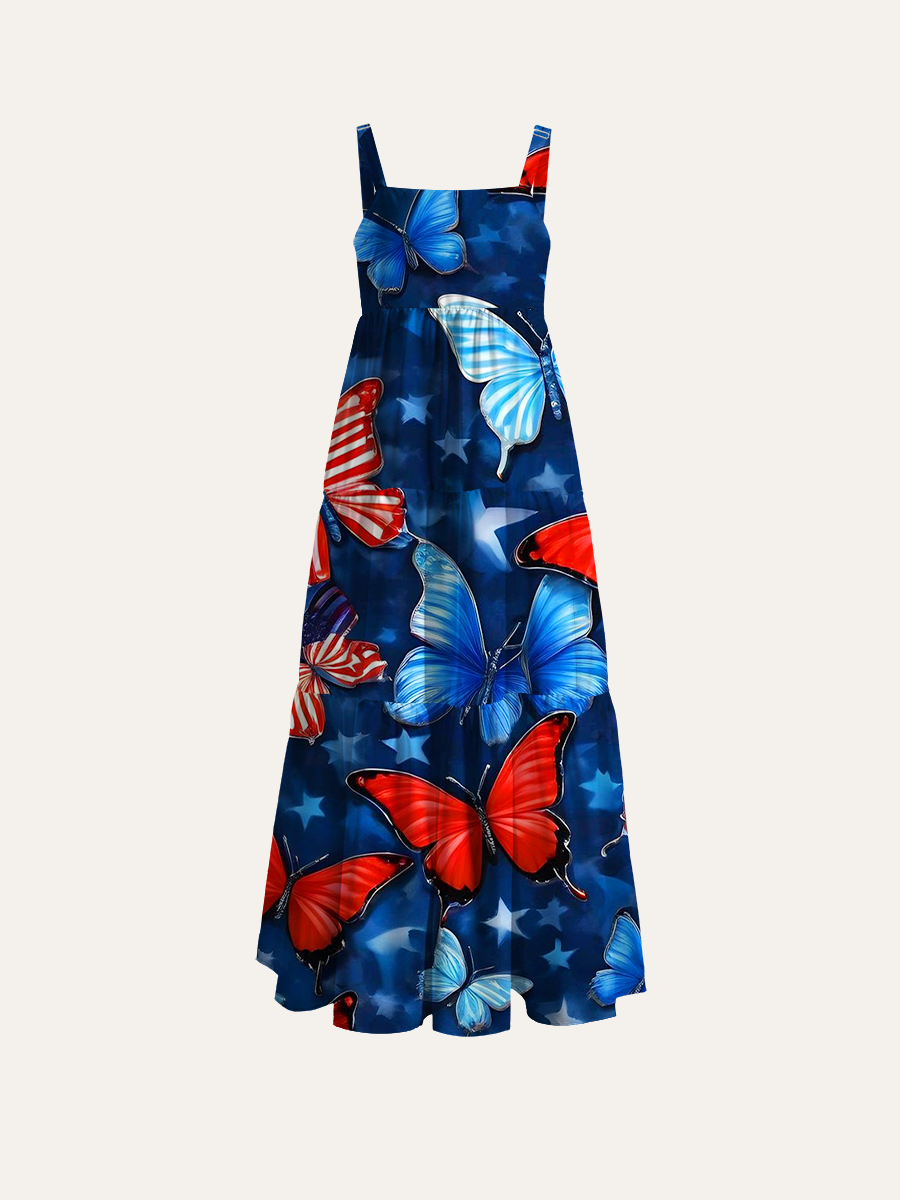 American Flag Patriotic Butterfly Adjustable Wide Straps Maxi Dress