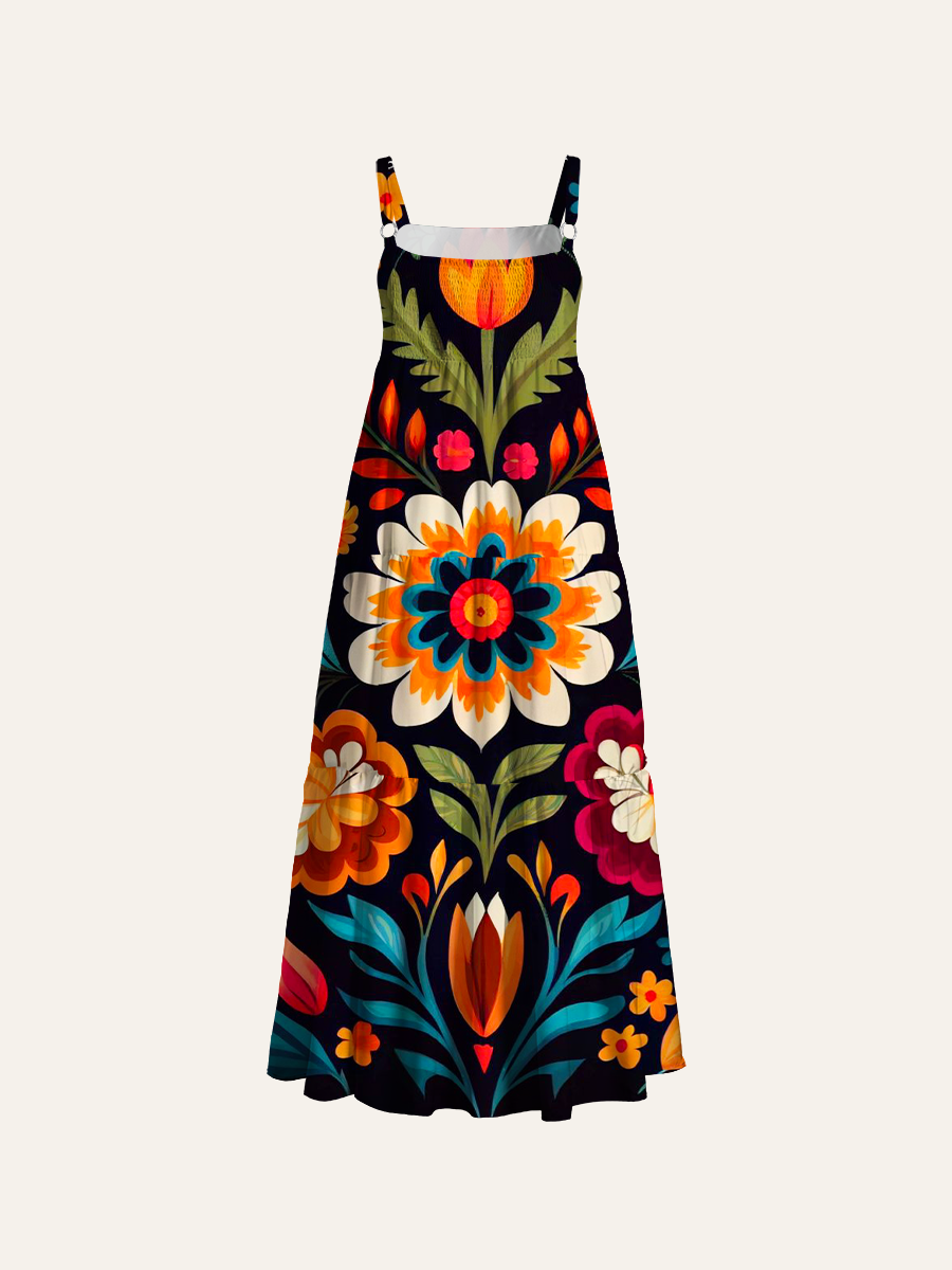 Mexican Folk Art Floral Adjustable Wide Straps Maxi Dress