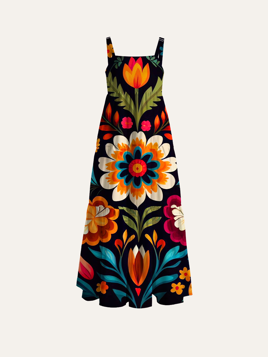 Mexican Folk Art Floral Adjustable Wide Straps Maxi Dress