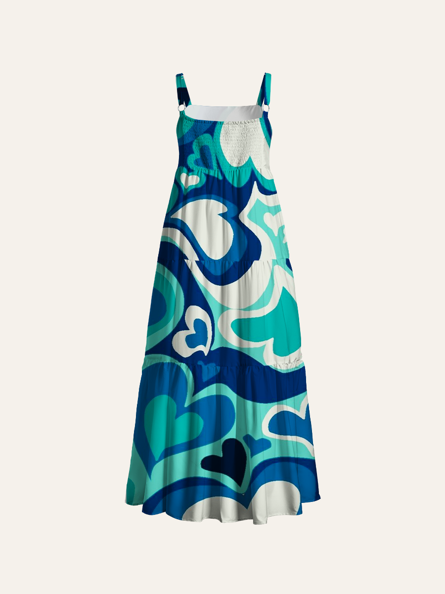 Retro Swirl Heart Geometric Adjustable Wide Straps Maxi Dress