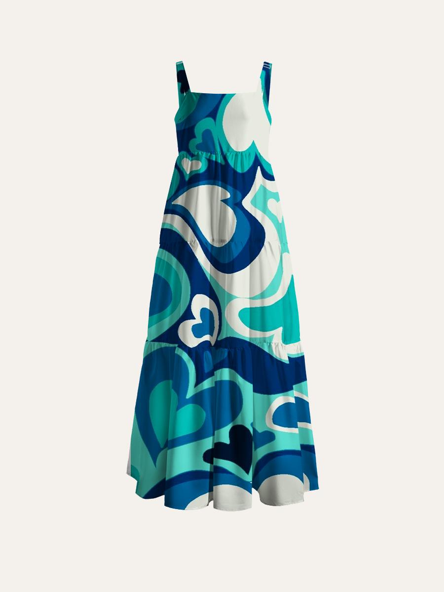 Retro Swirl Heart Geometric Adjustable Wide Straps Maxi Dress