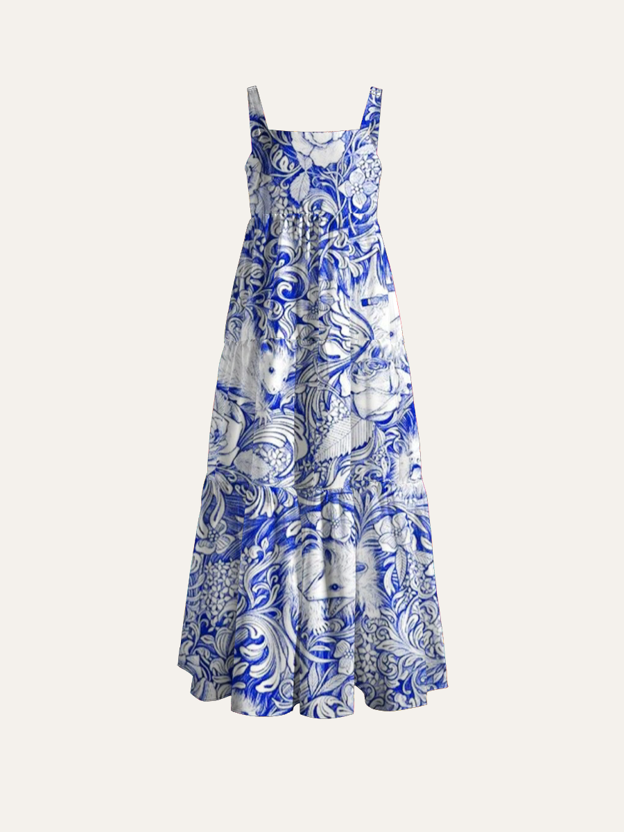 Porcelain Opossum Adjustable Wide Straps Maxi Dress