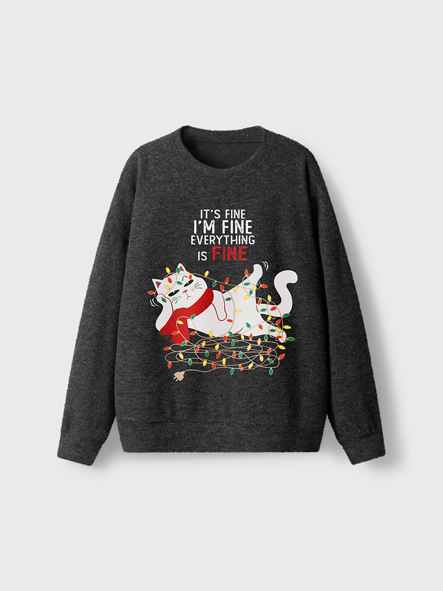 Vintage It'S Fine. I'M Fine. Everything Is Fine Cat Lover Fuzzy Sweater