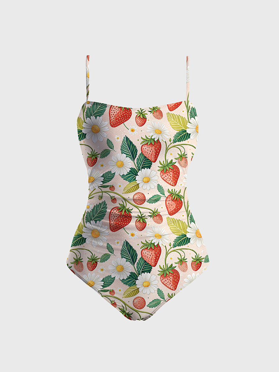 Vintage Strawberry One Piece Slim-Strap Swimsuit