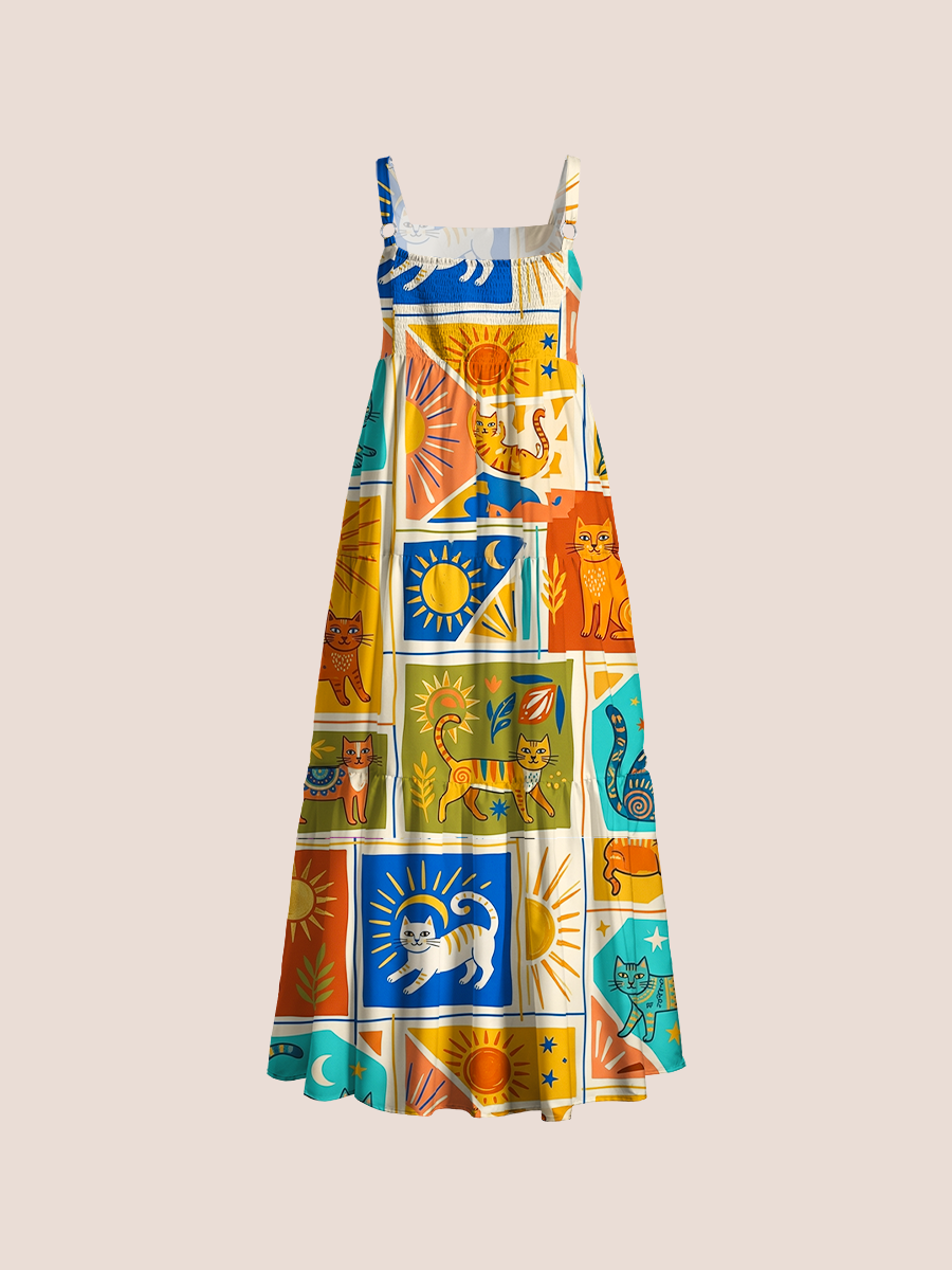  Modern Bohemian Style Cats Adjustable Wide Straps Maxi Dress