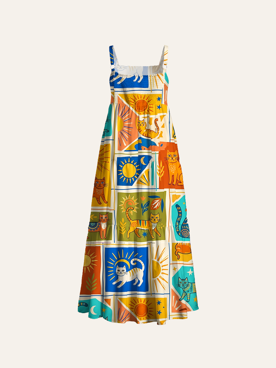Modern Bohemian Style Cats Adjustable Wide Straps Maxi Dress