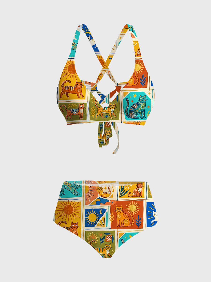 Vintage Modern Bohemian Style Cats Two Piece Ruffled Tankini Swimsuit