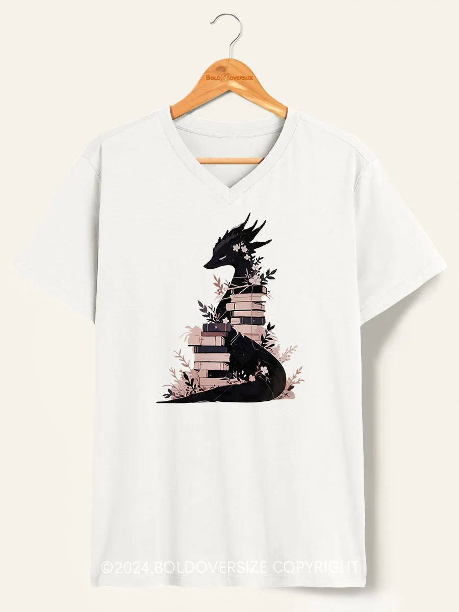 Vintage Book Dragon Fantasy Reader V-Neck Tee