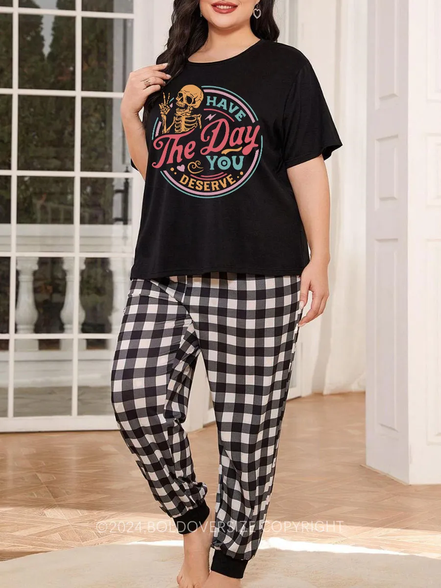 Vintage Have The Day You Deserve Plaid Christmas Pajama Set