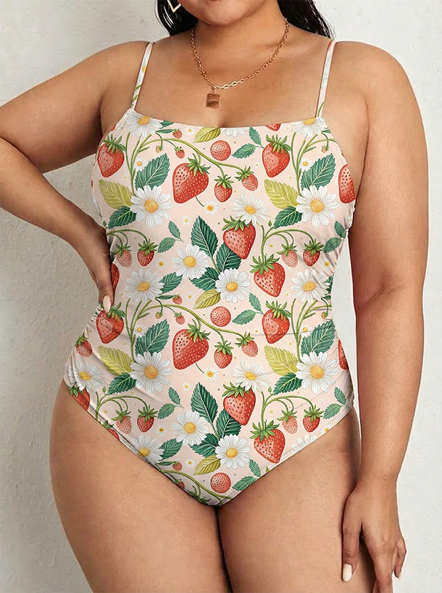 Vintage Strawberry One Piece Slim-Strap Swimsuit