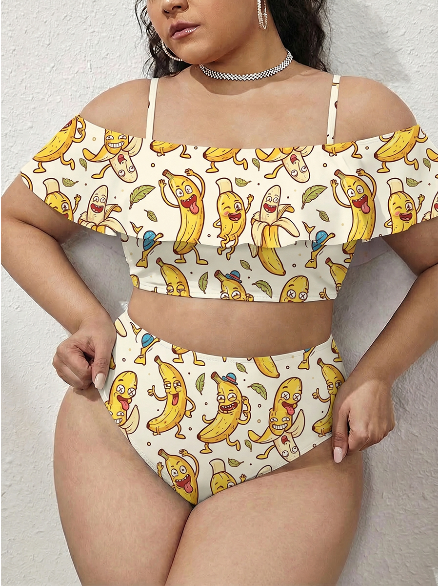 Vintage Cute Banana Two Piece Ruffled Tankini Swimsuit