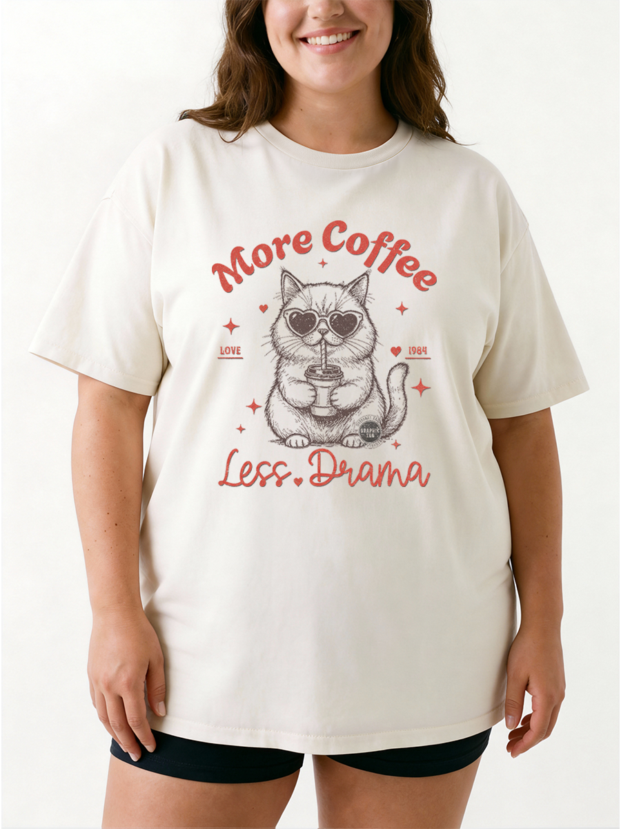 Vintage More Coffee Less Drama / Love 1984 Cat Oversize Graphic Tee