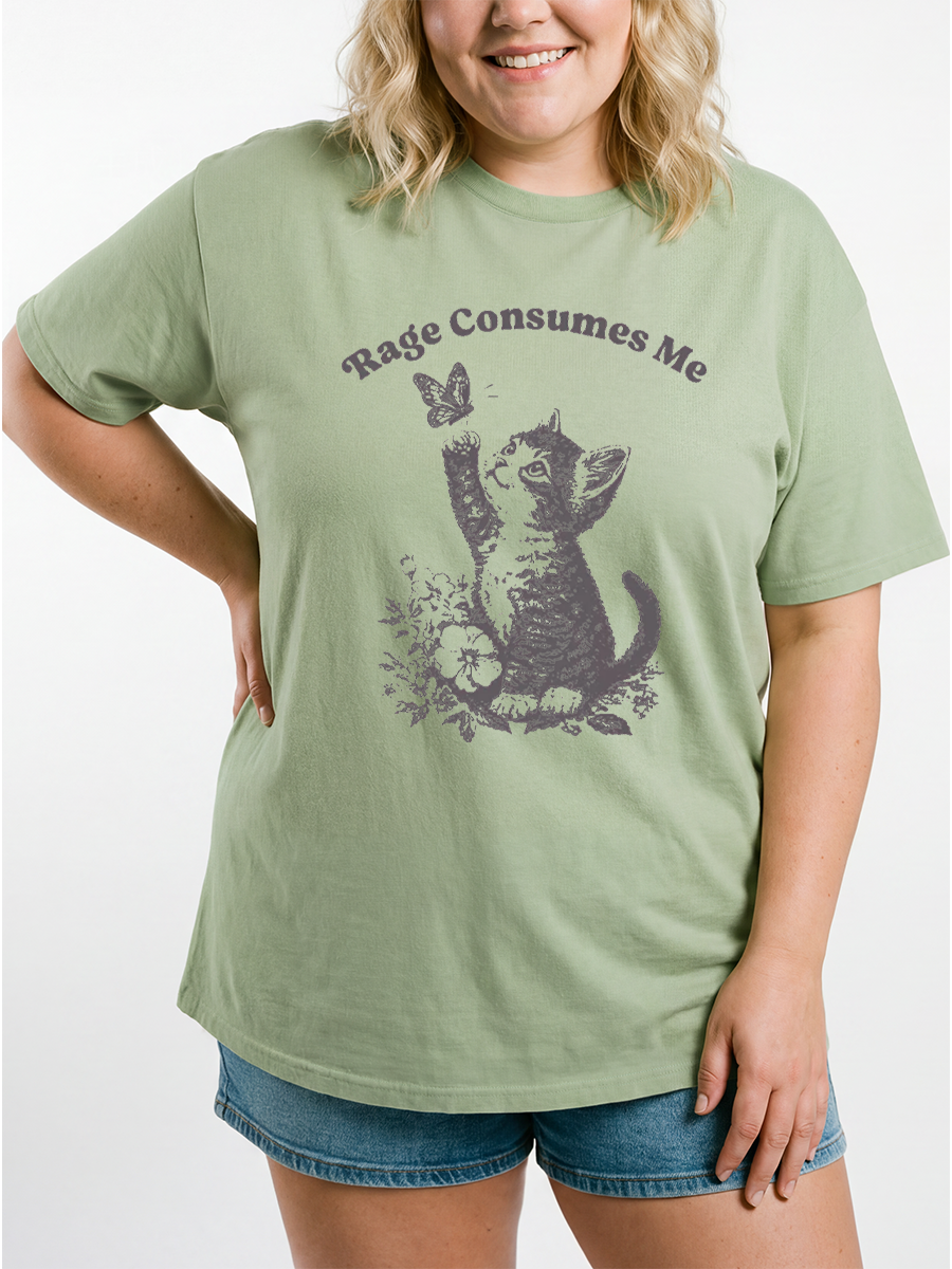Vintage Rage Consumes Me Cute Cat Meme Oversize Graphic Tee
