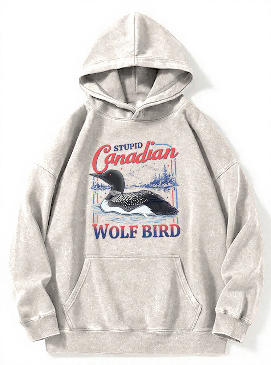 Vintage Stupid Canadian Wolf Bird Washed Hoodie