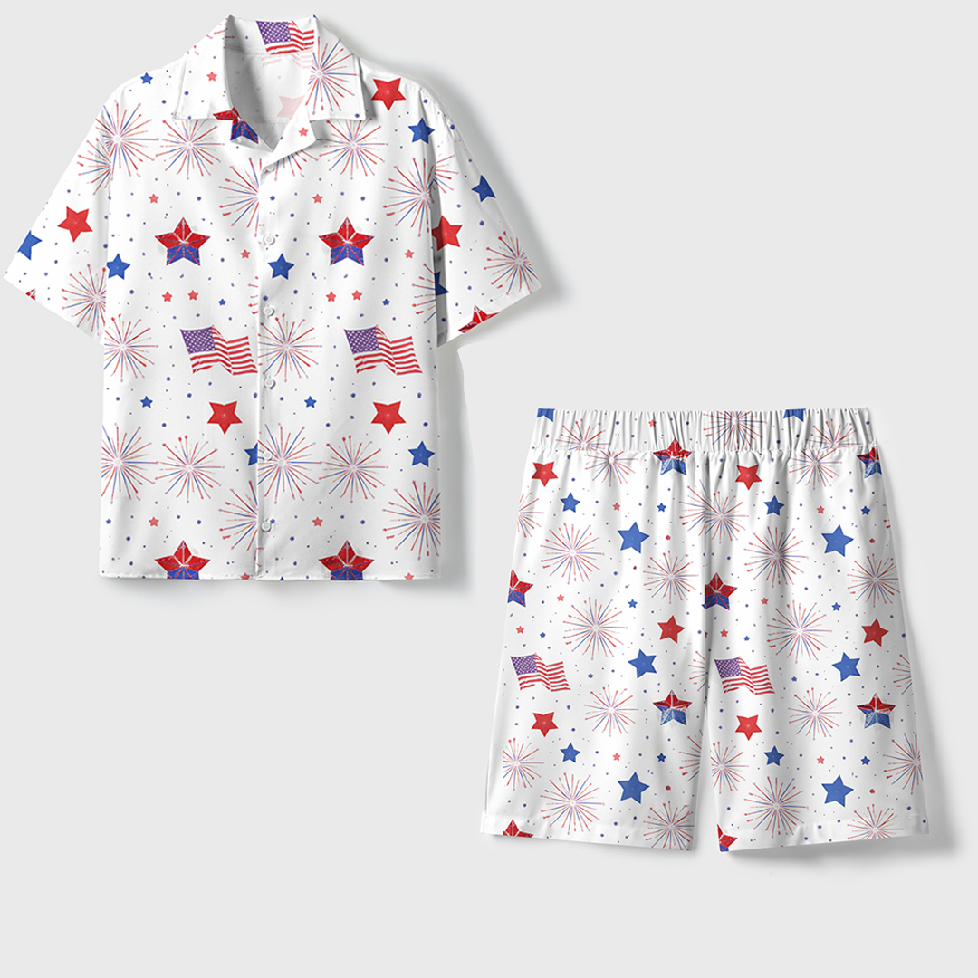 Independence Unisex Hawaiian Beach Set Camp Collar Shirt And Shorts For Casual Summer Vacation